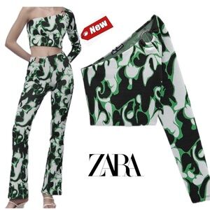 Zara green black one shoulder O-ring knit crop top Sz S NWT